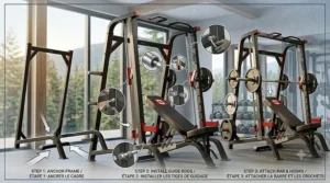 Step-by-step visual guide for anchoring and assembling an angled smith machine.