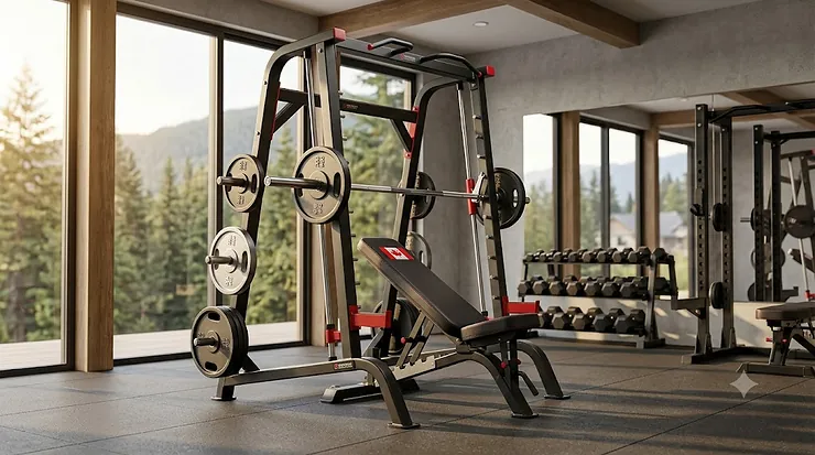 Premium angled smith machine set up in a Canadian home gym for safe strength training.