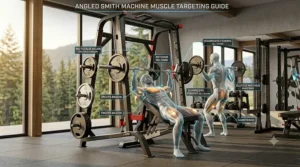 Anatomical diagram showing muscles worked during angled smith machine exercises.