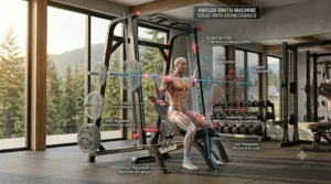 Biomechanics illustration of the natural bar path on an angled smith machine squat.