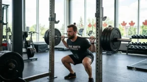 Athlete performing a free weight barbell back squat / Athlète effectuant un squat arrière avec barre et poids libres