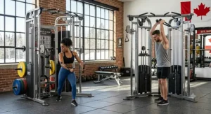 A high-end Canadian home gym setup featuring a dual stack functional trainer in a bright, industrial-style space.