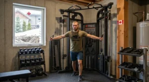 Performing a wide cable crossover movement on a versatile dual-stack fitness machine.
