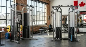 Close-up of commercial-grade weight stacks and steel frames on a durable functional trainer set in a Canadian home gym.