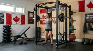 Space-saving smith machine power rack combo in a small home gym.