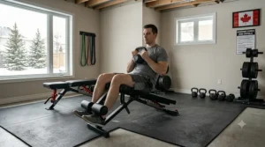 paraison côte à côte d’un banc FID standard et d’un banc de musculation réglable dans un gymnase résidentiel canadien.