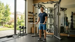 Side view of a fitness enthusiast doing bicep curls using a dual adjustable pulley machine.