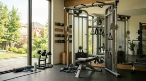 A dual adjustable pulley machine positioned in a compact, organized Canadian home fitness space.