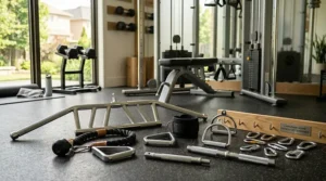 Assortment of exercise handles and attachments for a dual adjustable pulley machine.