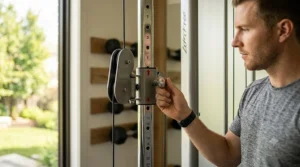 Close-up of hand adjusting the height settings on a dual adjustable pulley machine column.