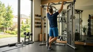 Athlete using the integrated pullup bar at the top of a dual adjustable pulley machine.