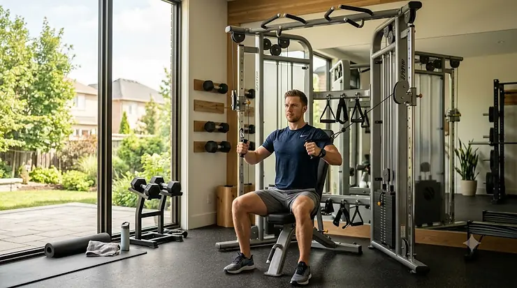 Person performing a cable chest press on a professional dual adjustable pulley machine in a home gym.