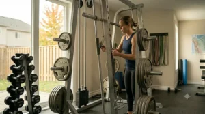 High-quality heavy-duty steel frame construction of a smith machine, built for Canadian climate and long-term use.