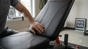 A safe decline bench setup showing core exercise variations for adjustable gym equipment. | Une configuration de banc décliné sécuritaire montrant des variations d'exercices pour le tronc sur un équipement de gym réglable.