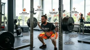 Infographic highlighting muscle engagement and functional balance in barbell squats / Infographie soulignant l'engagement musculaire et l'équilibre fonctionnel au squat