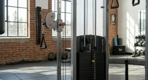 A strong Canadian athlete performs dynamic cable woodchop core exercises on a dual-stack functional trainer, targeting abdominal muscles.
