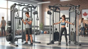 Photorealistic 4K view of functional trainers in a sunlit Canadian home gym, highlighting equipment frame detail and natural lighting.