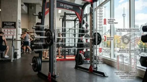 A space-efficient guided smith machine setup suitable for Canadian home fitness rooms.