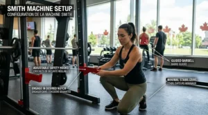 Visual guide to setting up and using safety hooks on a smith machine / Guide visuel pour l'installation et l'utilisation des crochets de sécurité