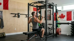 Proper form for lat pulldown using smith machine rack combo.