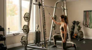 Integrated multi-grip pull-up bar on a professional-grade smith machine frame.