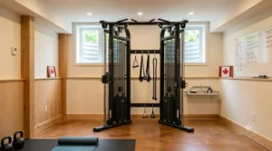 A single stack functional trainer perfectly integrated into a clean, multipurpose Canadian basement gym.