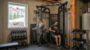 Two people training simultaneously on opposite sides of a dual-stack functional trainer.