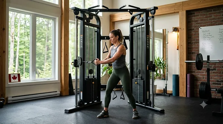 Athlete using a single stack functional trainer in a modern Canadian home gym.