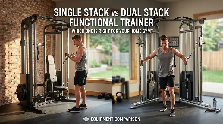 Detailed photorealistic 4K comparison of a single stack vs dual stack functional trainer in a modern Canadian fitness store.