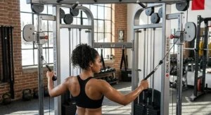 A close-up 4K photo showing a hand adjusting the resistance on a dual stack functional trainer in a Canadian gym, comparing weight stack options.