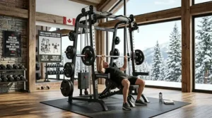 Athlete performing a bench press on a counter balanced smith machine.