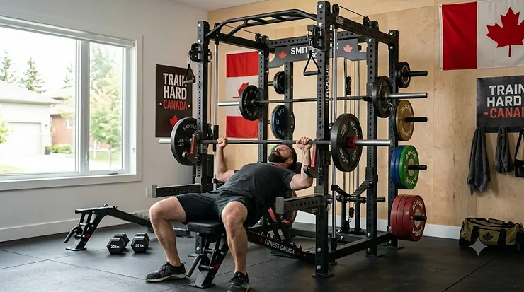 Person performing a lat pulldown on a premium smith machine with cable attachment in a modern Canadian home gym.