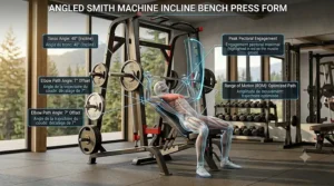 Close-up of adjustable safety catches on a commercial-grade Smith machine.