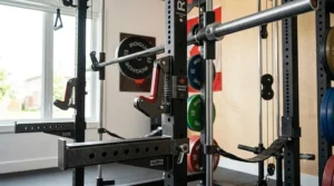 Close-up of safety catches on a smith machine power rack combo.
