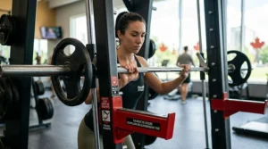 Close-up of hands engaging safety locks on a smith machine / Gros plan sur les mains enclenchant les verrous de sécurité d'une machine Smith