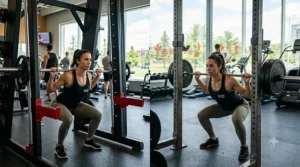 Proper squat form using a counter balanced smith machine.