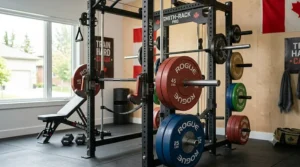Integrated weight plate storage on side of smith machine combo.