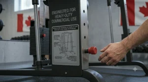 Heavy-duty steel frame construction of a commercial smith machine.