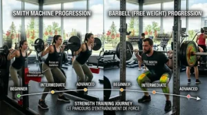 Progression roadmap comparing training on machines vs free weights / Feuille de route de progression comparant l'entraînement sur machine vs poids libres