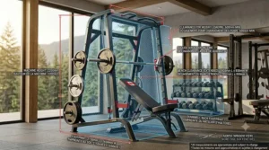 Close-up of a standard vertical Smith machine showing the fixed, straight bar path.