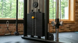 Close-up of the weight stack and vertical pulley adjustment knob on a functional trainer.