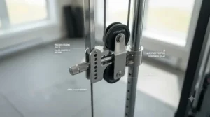 Close-up of adjustable pulley mechanisms on high-quality cable crossover equipment