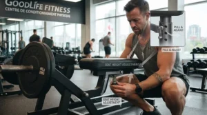 User adjusting the seat height on a commercial seated row machine.