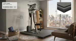 Illustration of protective rubber flooring under a home multi-gym to dampen sound for condo and apartment neighbors.