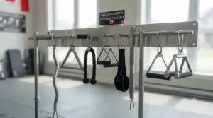 Display of various gym cable attachments compatible with compact and full-size machines