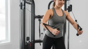Person performing a chest flye using a compact cable crossover machine.