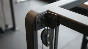 Durable steel frame details of a commercial cable crossover machine.