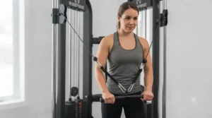 Athlete doing tricep pushdowns on a compact cable crossover machine.