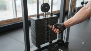 Weight stack and selector pin on a commercial cable crossover machine.