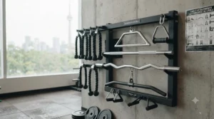 Organization rack showcasing various cable attachments including tricep ropes and bars suited for Canadian fitness setups.